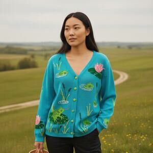 Design Options Philip & Jane Gordon Frog & Lily Pad Sweater Cardigan Blue Small
